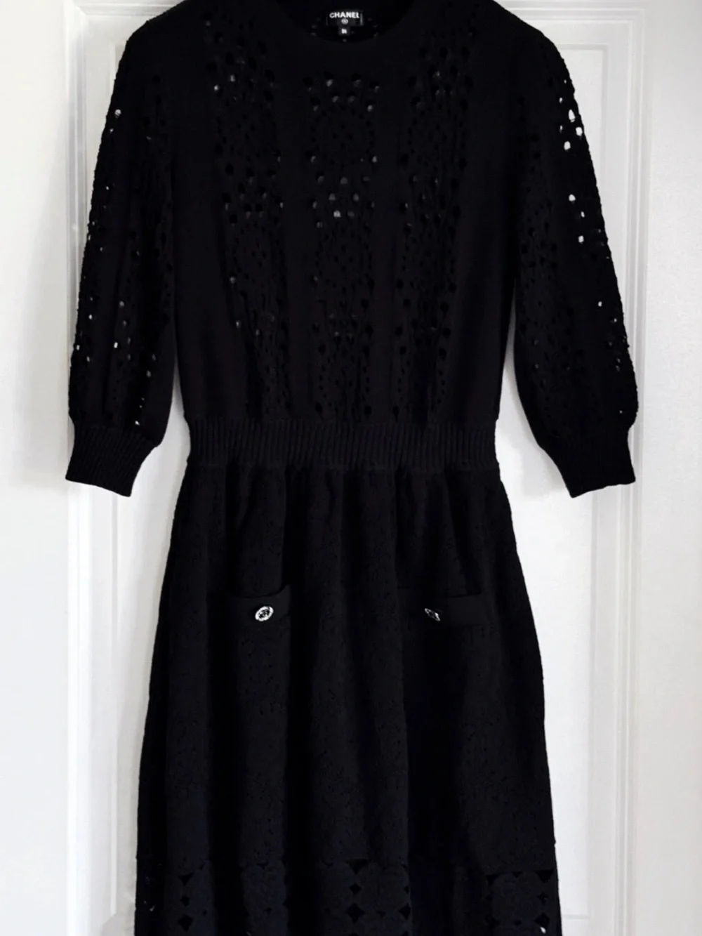 CHANEL Spring 2020 Black Eyelet crochet Knit mini flared Dress